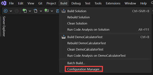 [ビルド] メニューの [Configuration Manager] コマンドのスクリーンショット。