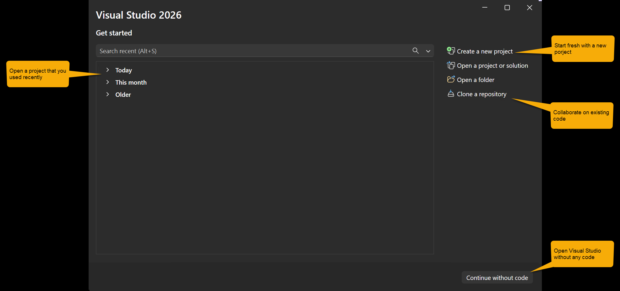 Visual Studio のスタート ウィンドウを示す注釈付きスクリーンショット