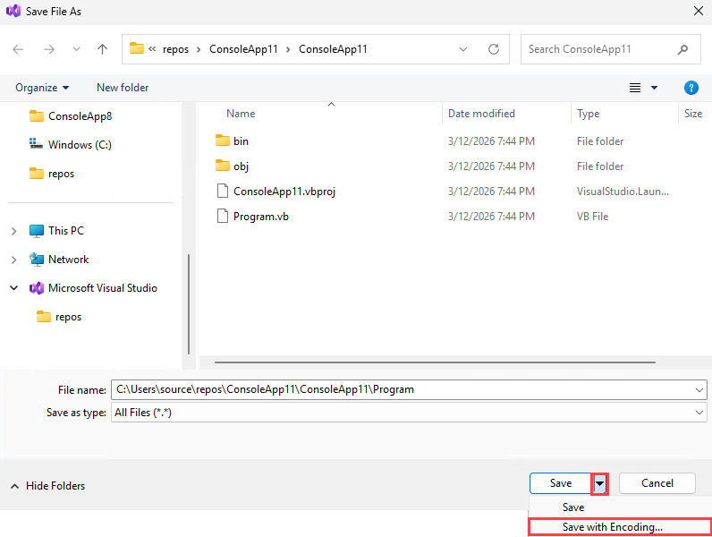 Visual Studio でエンコードを使用してファイルを保存するオプションを選択する方法を示すスクリーンショット。