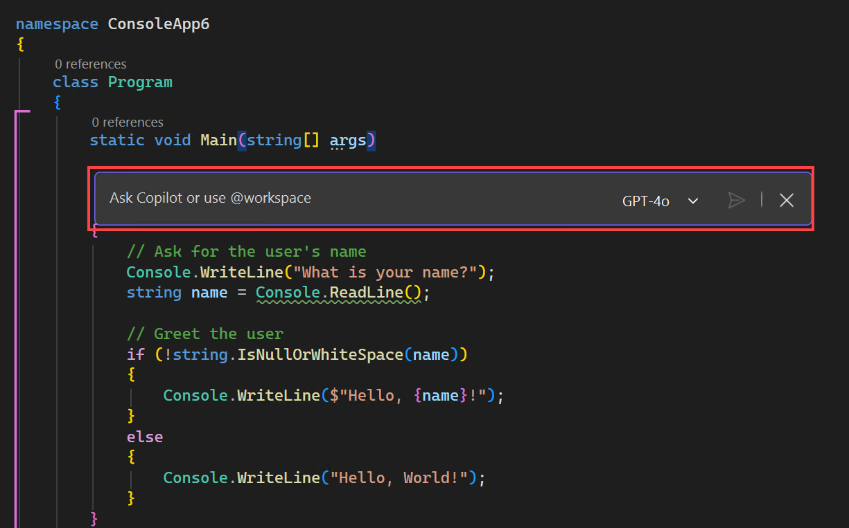 エディター ウィンドウのインライン チャット インターフェイスのスクリーンショット。