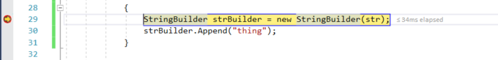 Visual Studio コード ウィンドウのスクリーンショット。左側の余白の赤い点は、黄色でマークされたコード行のブレークポイントを示します。