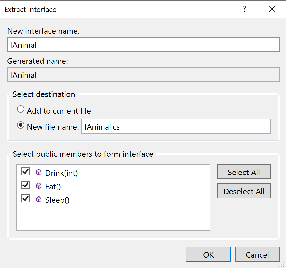 [インターフェイスの抽出] のスクリーンショット。