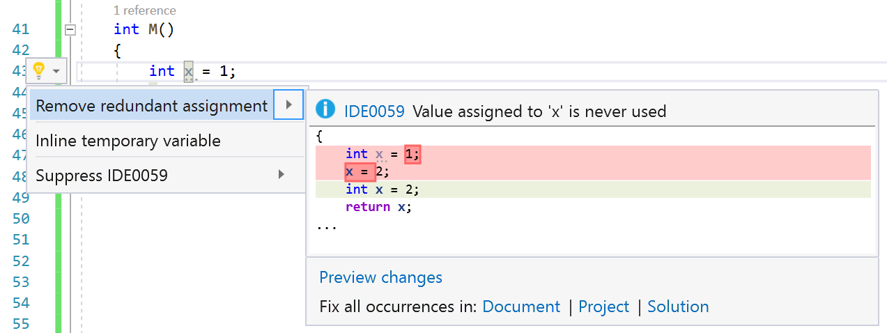未使用の値の割り当てのスクリーンショット。