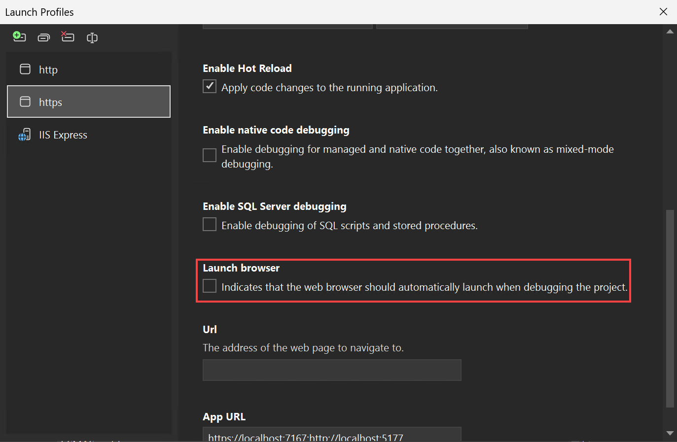 デバッグ起動プロファイル UI を示すスクリーンショット。