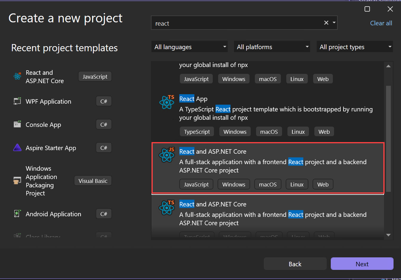 テンプレートの選択を示すスクリーンショット。