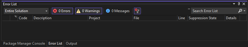 Visual Studio のエラー一覧のスクリーンショット。