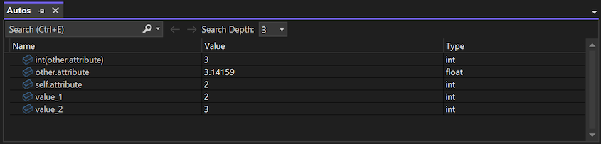 Visual Studio デバッガーの Autos ウィンドウを示すスクリーンショット。