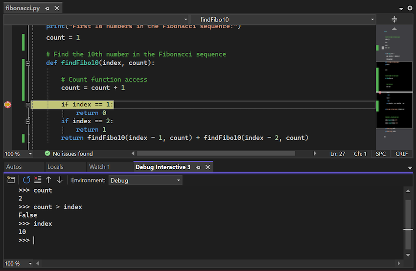 Visual Studio で Python デバッグ 対話型ウィンドウを操作する方法を示すスクリーンショット。