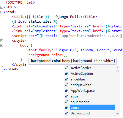 Visual Studio の IntelliSense では Django 開発に使用する CSS がサポートされていることを示すスクリーンショット。