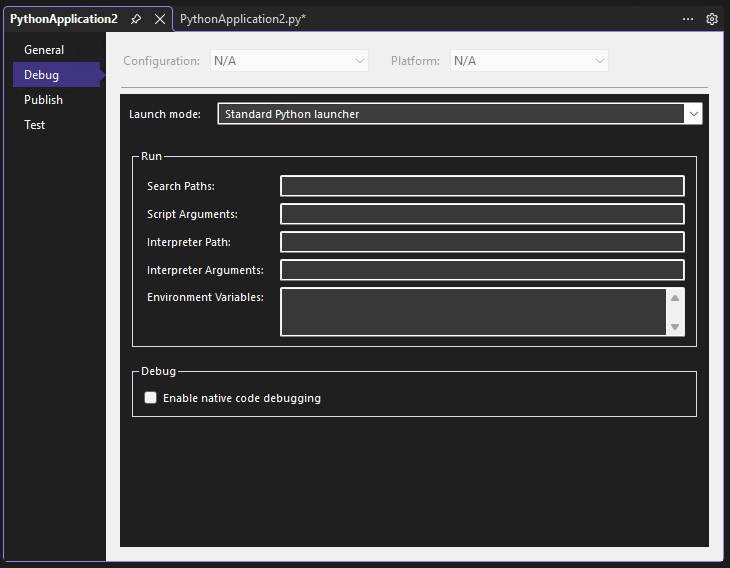 Visual Studio デバッガーでの Python プロジェクトのデバッグ プロパティを示すスクリーンショット