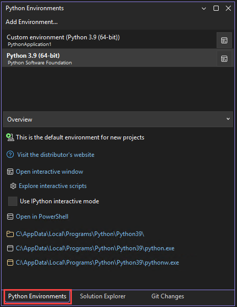 Visual Studio の [Python 環境] ウィンドウを示すスクリーンショット。