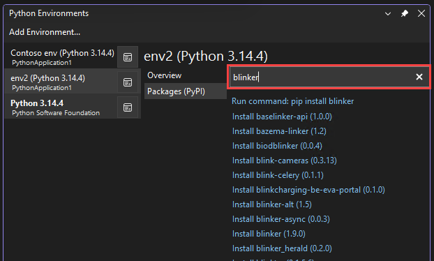 Visual StudioがPython環境ウィンドウで一致するパッケージを検索する方法を示すスクリーンショット。