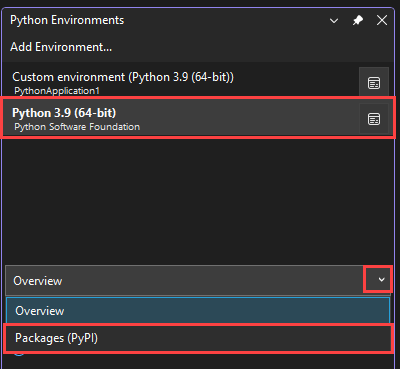 選択した環境の [パッケージ PyPI] オプションを選択して、インストールされているパッケージを表示する方法を示すスクリーンショット。