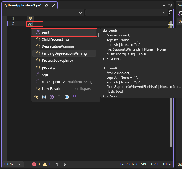 Visual Studio のエディターの IntelliSense オートコンプリート オプションを示すスクリーンショット。既定の完了オプションが強調表示されています。