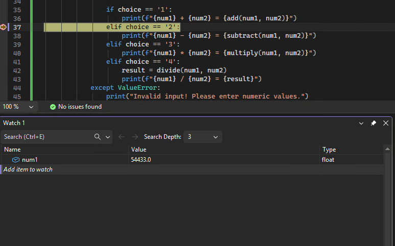 Visual Studio での Python 単体テストのデバッグ出力を示すスクリーンショット。