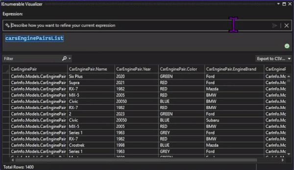 の IEnumerable Visualizer インライン チャット