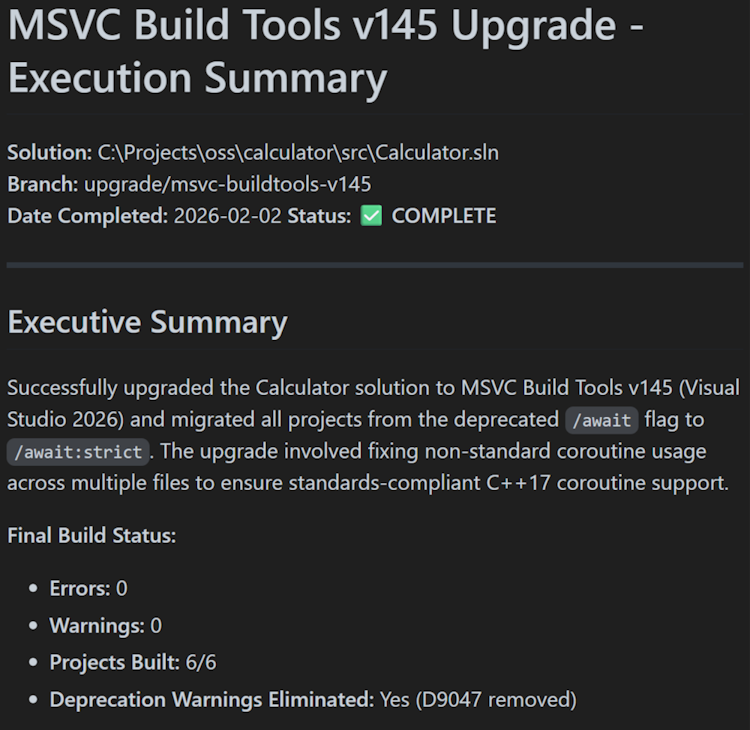 Copilot は、最新の MSVC を使用するようにプロジェクトとコードをアップグレードし、詳細なレポートを生成します