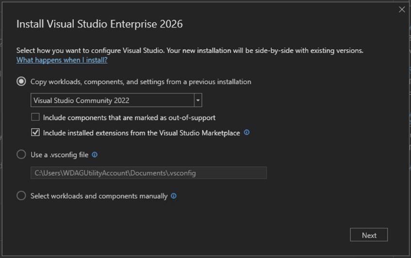 Visual Studio Enterprise 2026 intall 構成のスクリーンショット。