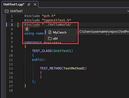 Visual Studio のヘッダー ファイルが強調表示された IntelliSense を使用した #include ステートメントを含むソリューション エクスプローラーを示すスクリーンショット。