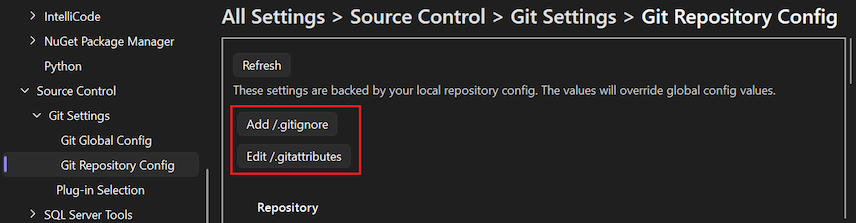 gitignore ファイルを追加し、リポジトリ内の gitattributes ファイルを編集するセクションを示すスクリーンショット。