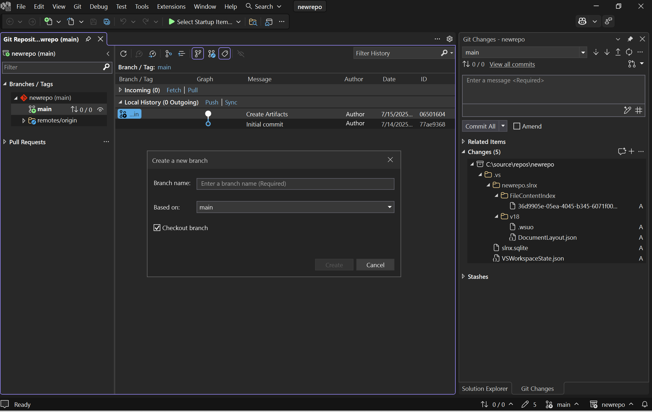 Visual Studio IDE を示すスクリーンショット。ソリューション エクスプローラーの [新しいブランチの作成] ウィンドウと [Git の変更] タブが表示されます。