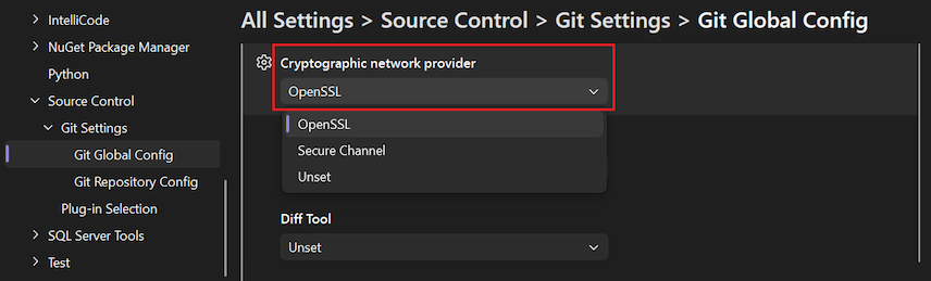 ドロップダウン リストで [OpenSSL] が選択されている [暗号化ネットワーク プロバイダー] オプションを示すスクリーンショット。