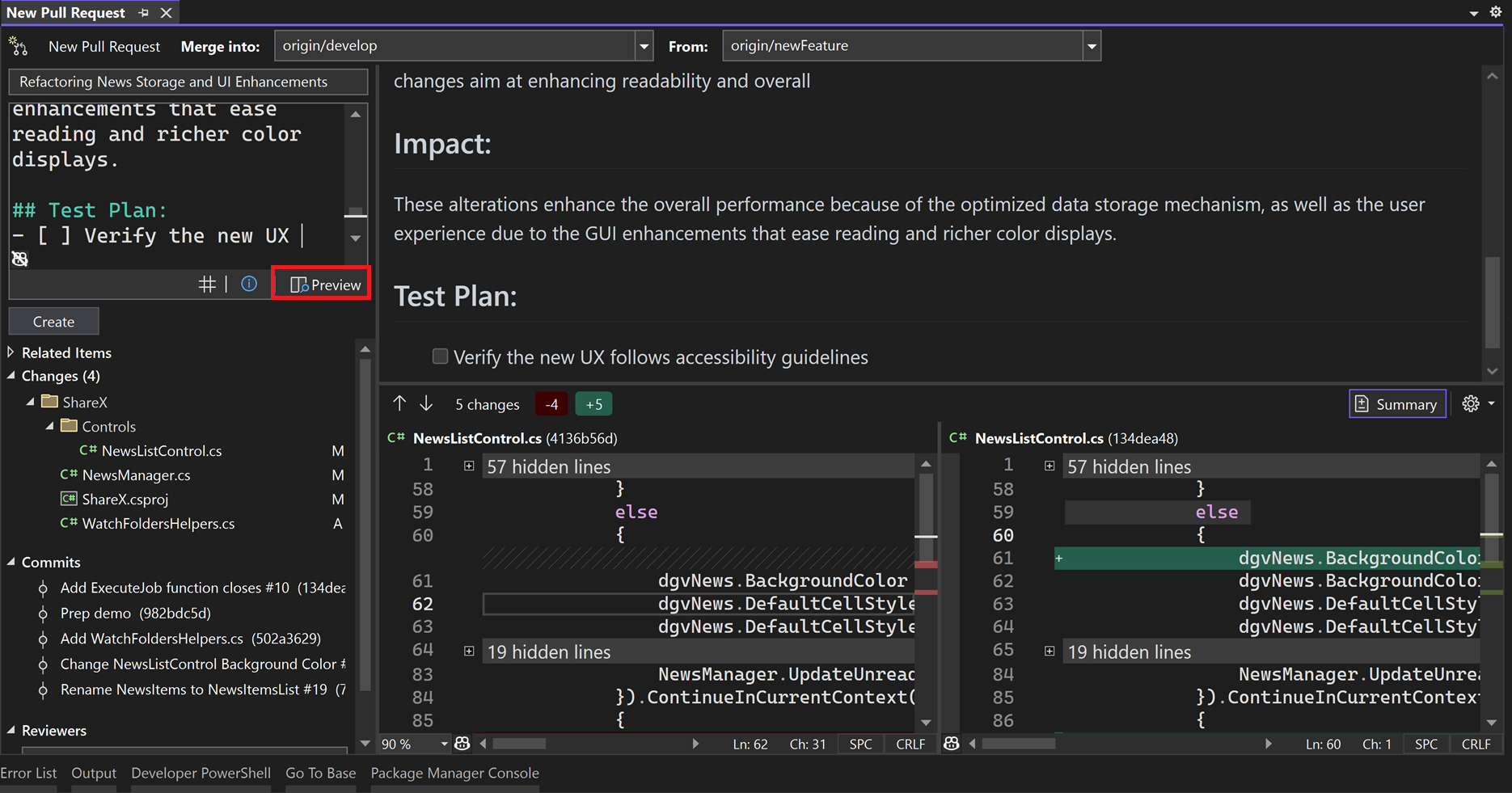 Visual Studio 2022 でプレビュー ボタンのテキストが強調表示された [新しいプル要求] ウィンドウが表示されます。