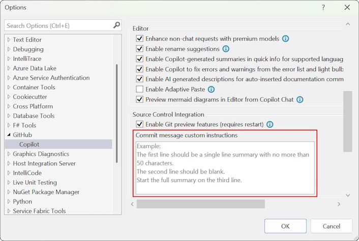 コミット メッセージのカスタム プロンプトが表示された [ツール オプション] GitHub Copilot 設定ページを示すスクリーンショット。