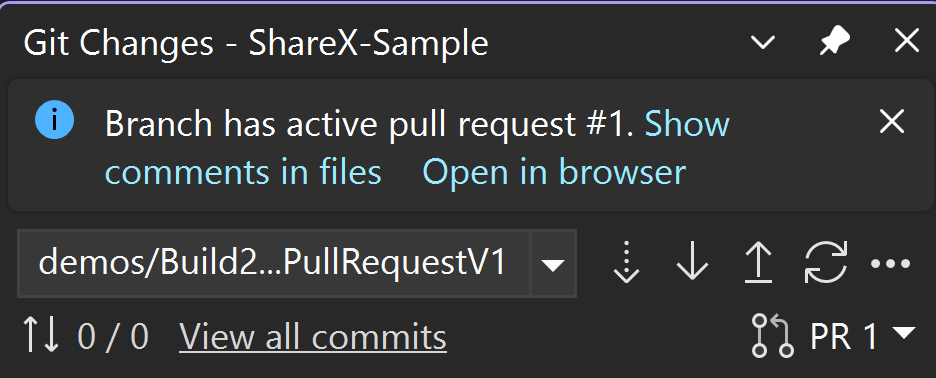 Git の [変更] ウィンドウでコメントを表示するためのリンクを示すスクリーンショット。