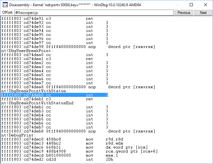 アセンブリ言語コードを示す WinDbg 逆アセンブリ ウィンドウのスクリーンショット。