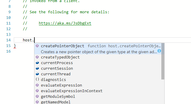 IntelliSense とエラーが強調表示された WinDbg の [スクリプト] ウィンドウのスクリーンショット。
