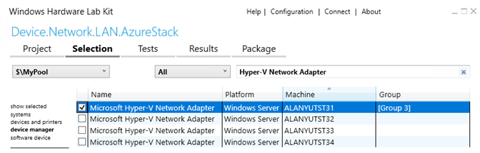 デバイスが選択された状態での device.network.lan テストを示す hlk スタジオ
