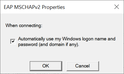 EAP MSCHAPv2 のプロパティ] ダイアログを示すスクリーンショット。