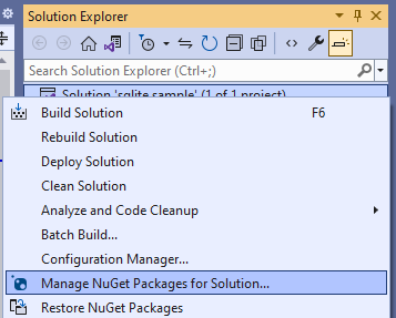プロジェクトが右クリックされ、[NuGet パッケージの管理] オプションが強調表示されているVisual StudioのSolution Explorerのスクリーンショット。