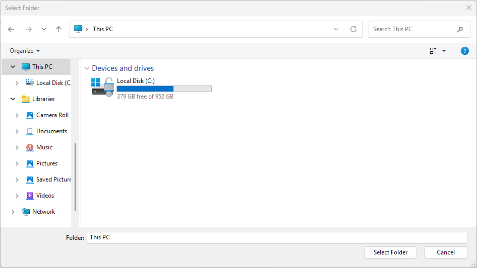 C ドライブを表示しているフォルダー ピッカーのスクリーンショット。