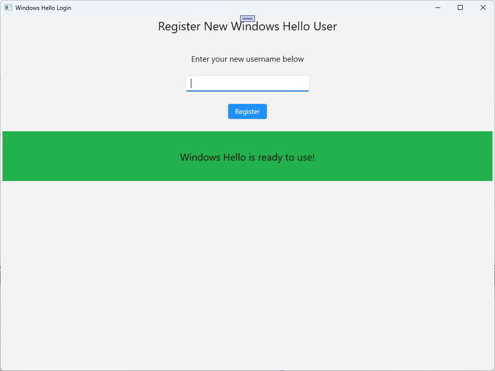 新しいユーザー ページの登録Windows Helloのスクリーンショット