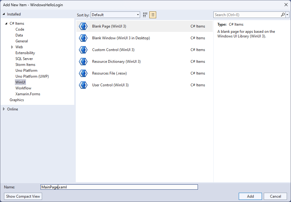 Windows Hello ログインプロジェクトに新しいブランクページを追加するスクリーンショット