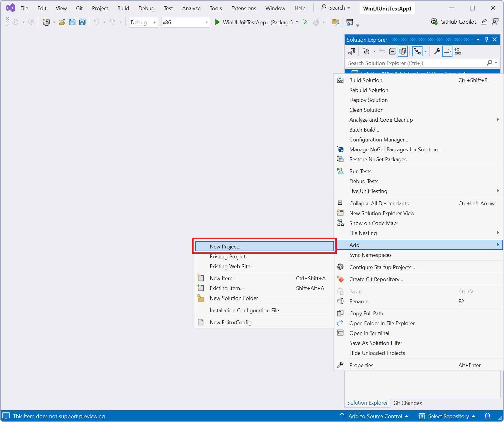  [ソリューション] コンテキスト メニューのスクリーンショットで、Visual Studio の [追加]/[新しいプロジェクト] が強調表示されています。