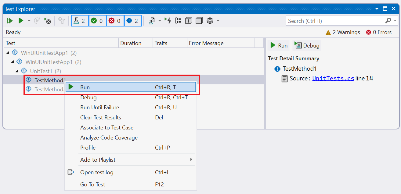 実行コマンドが強調表示されたテスト コンテキスト メニューを示すVisual Studioのテスト エクスプローラー ウィンドウのスクリーンショット。