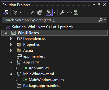 Visual StudioのSolution ExplorerがWinUIプロジェクトのファイルを表示しています。
