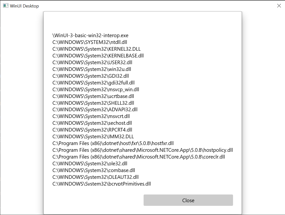 このトピックで説明する基本的な Win32 相互運用アプリケーションのスクリーンショット。