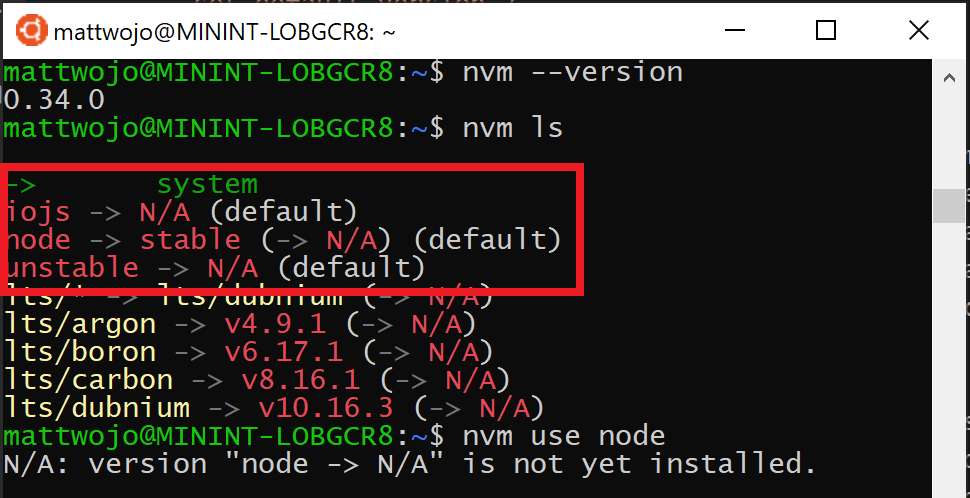 ノード のバージョンが表示されていない NVM リスト