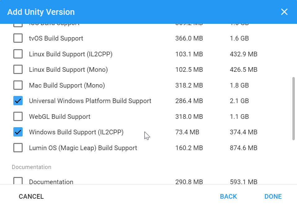 Unity ユニバーサル Windows プラットフォーム ビルド サポート オプション
