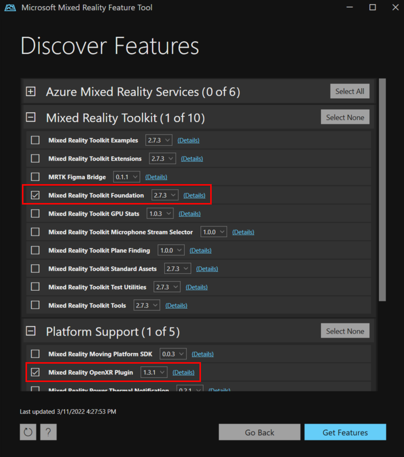 Mixed Reality機能ツールでのパッケージの選択のスクリーンショット。