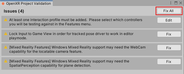 OpenXR プロジェクト検証ウィンドウの [すべて修正] ボタンのスクリーンショット。