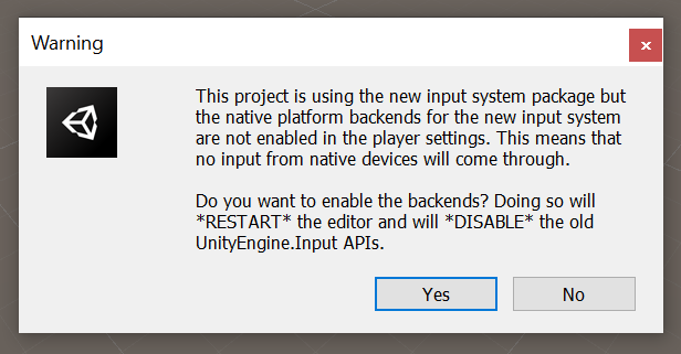 再起動オプションのUnityスクリーンショット。