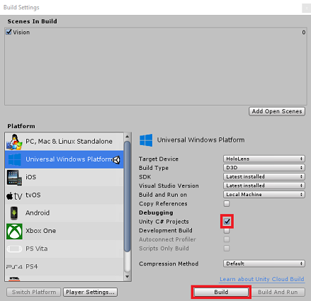 Unityからアプリをビルドする方法を示すスクリーンショット。