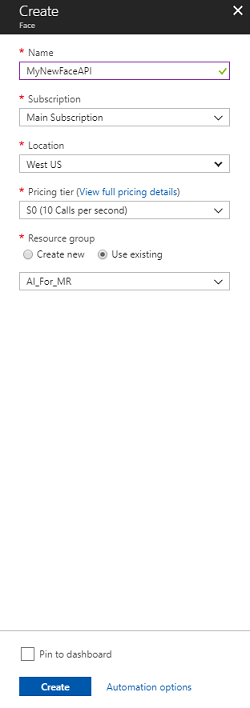 face api サービスを作成する