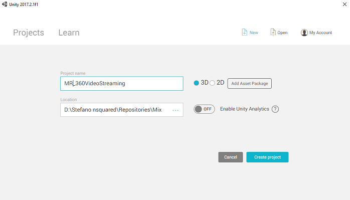 [新しいプロジェクトのUnity] ページのスクリーンショット。