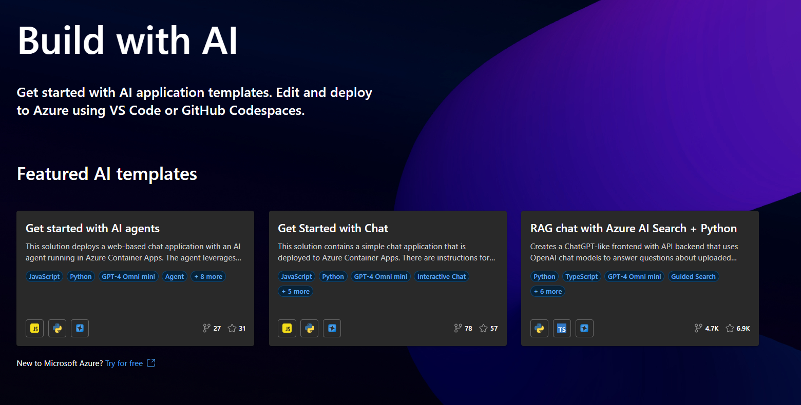A screenshot showing the home page of the AI App Template gallery.